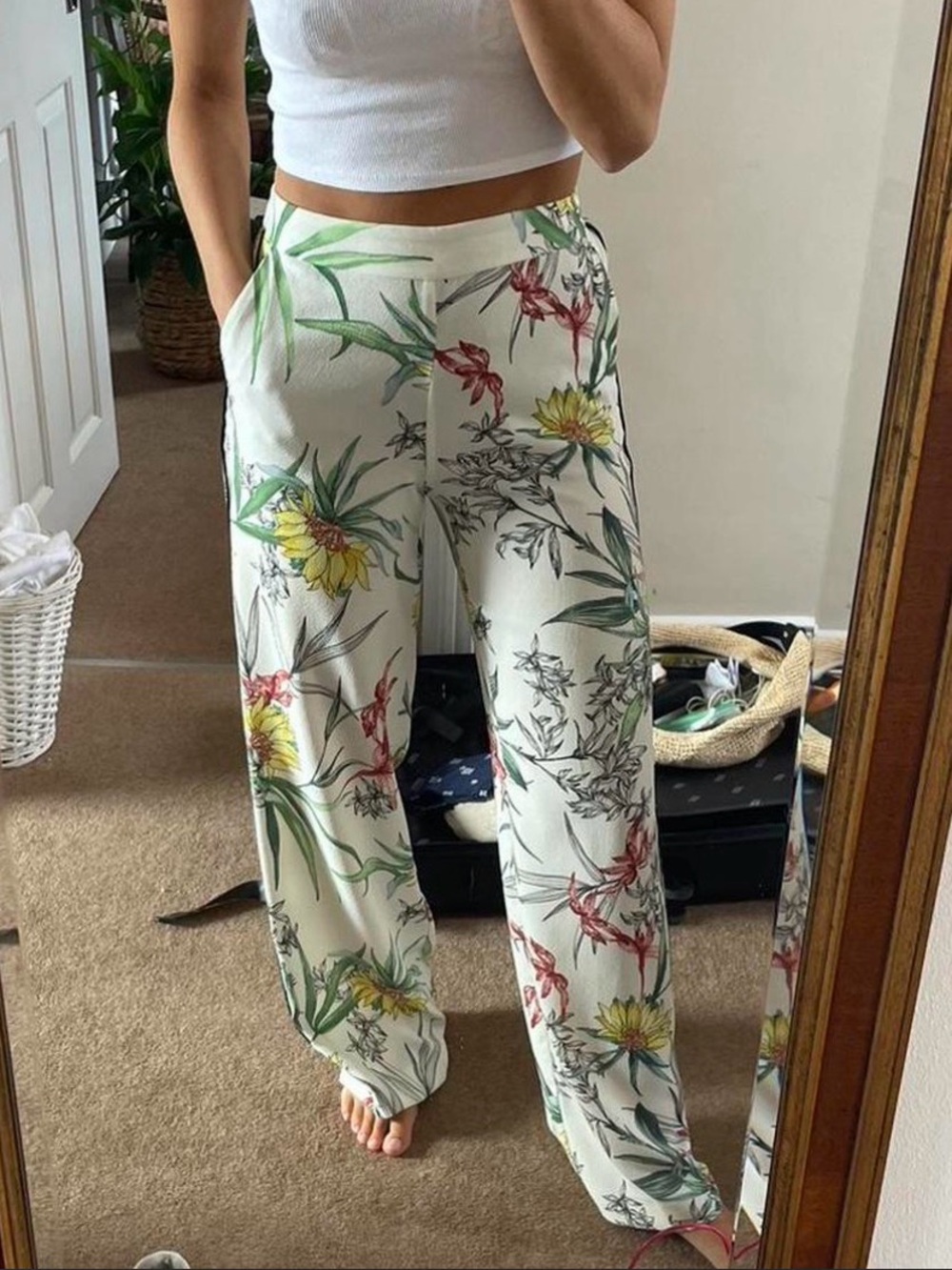 ZARA Floral Wide-Leg Pants - Cream with Green & Yellow Print
